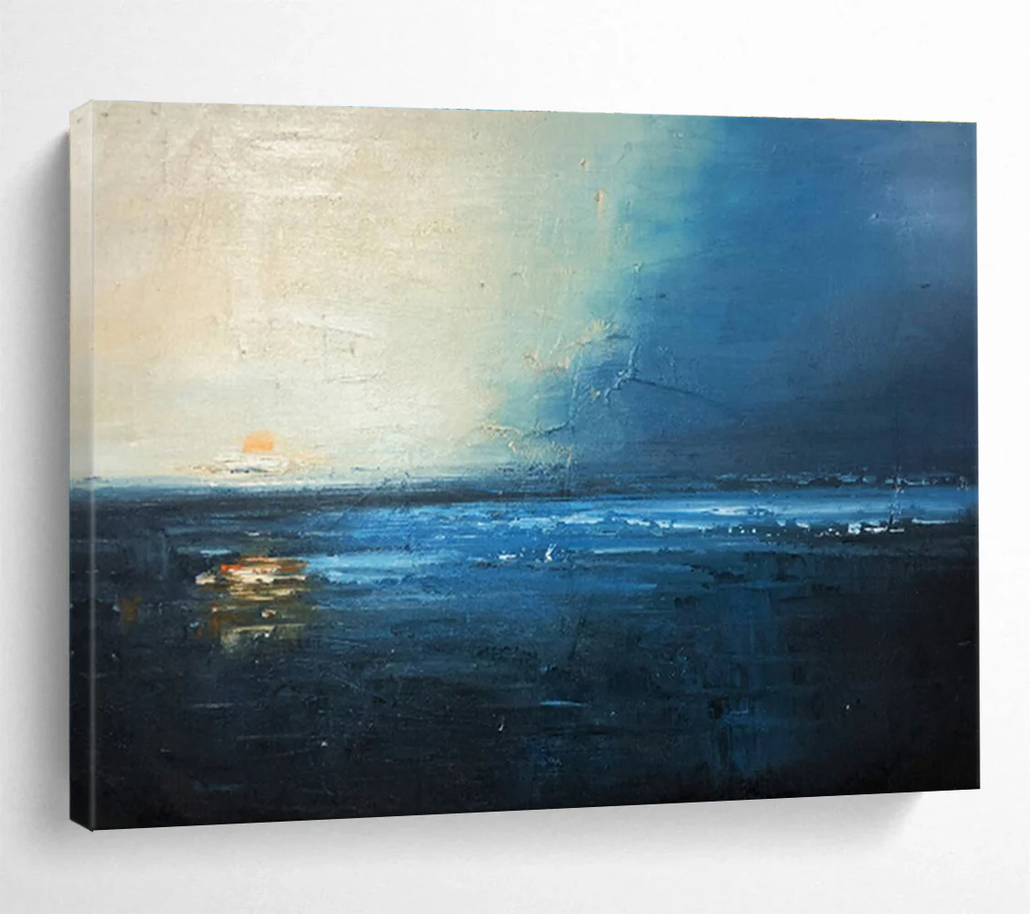 Blue - Toned Coastal Sunset Abstract Painting on Canvas - “Twilight Tide” VUV841
