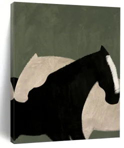 “Abstract Horse Embrace” - Black, White, and Green Animal Art on Canvas moH0724