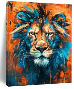 Bold Abstract Lion Art, Blue - and - Orange Toned Painting for Masculine Office & Wildlife - Themed Man Cave zLmynJVP9568