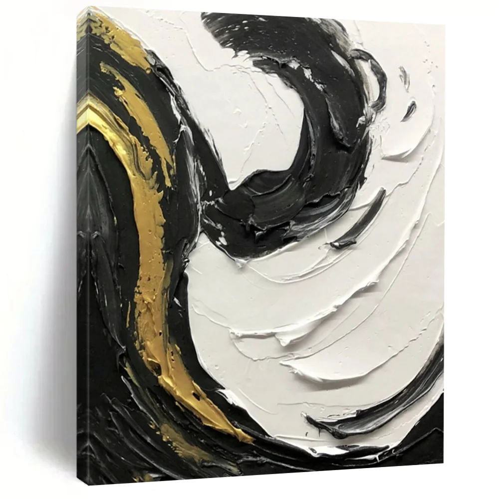 “Gilded Swirls” – Thick black, white, and gold impasto, dynamic curved strokes Dsf499