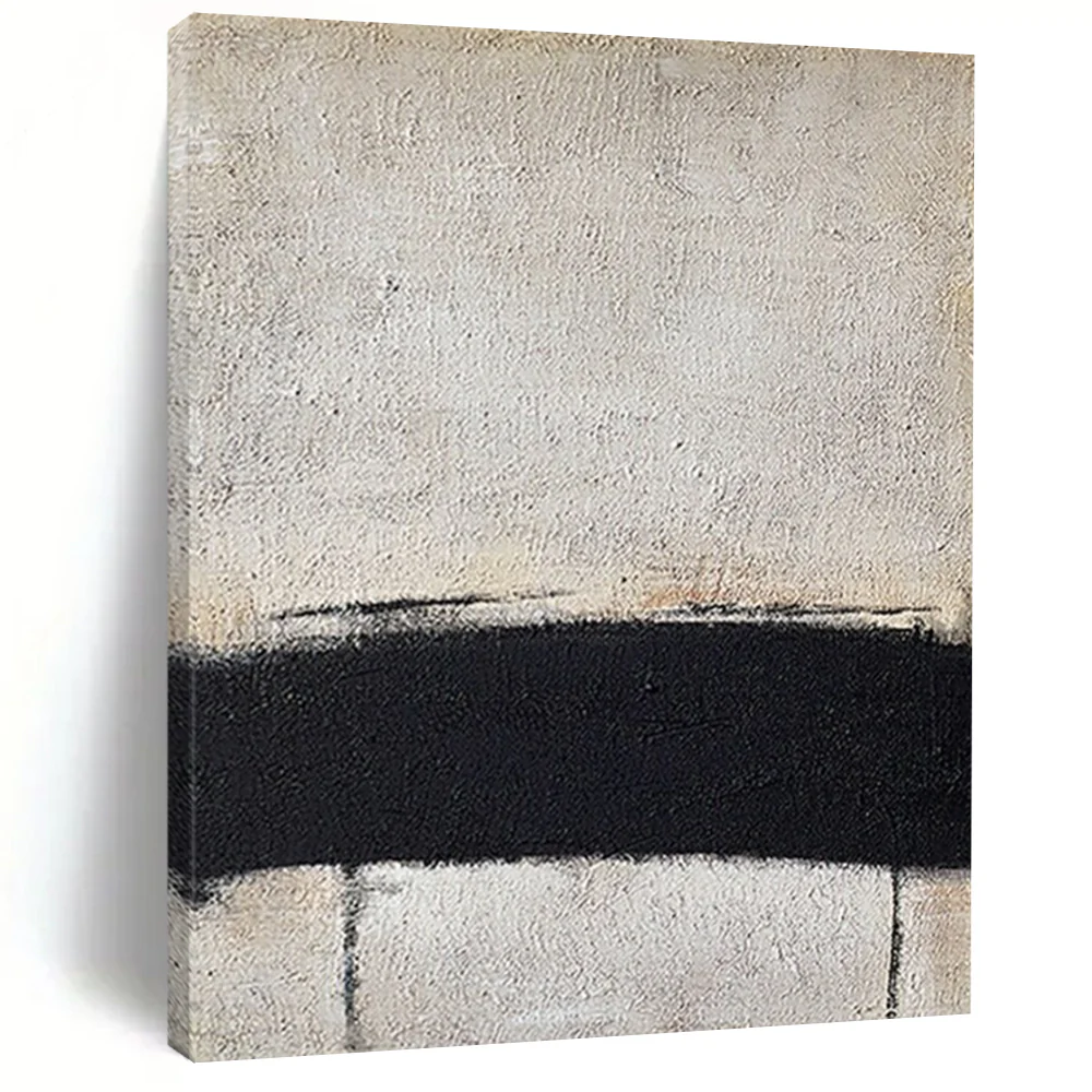 “Black Divide” – Stark black band across textured gray - white canvas jts534