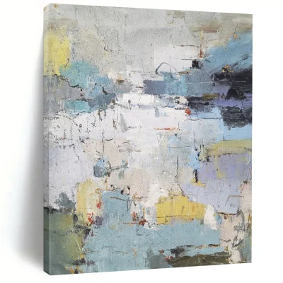 “City in Hues” – Muted blues, whites, grays with pops of yellow and red, abstract shapes Ije964