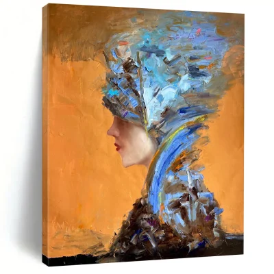 “Color - Stacked Headdress Figure” – Orange background, with blue, brown, and other colors stacked to form a headdress and clothing. rEr677