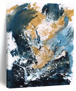 Gold & Blue Abstract Splash – Energetic Acrylic Painting uAF853