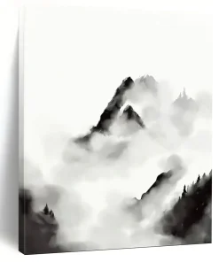 Ink Wash Mountains – Black and White Traditional - Inspired Abstract EhZ561
