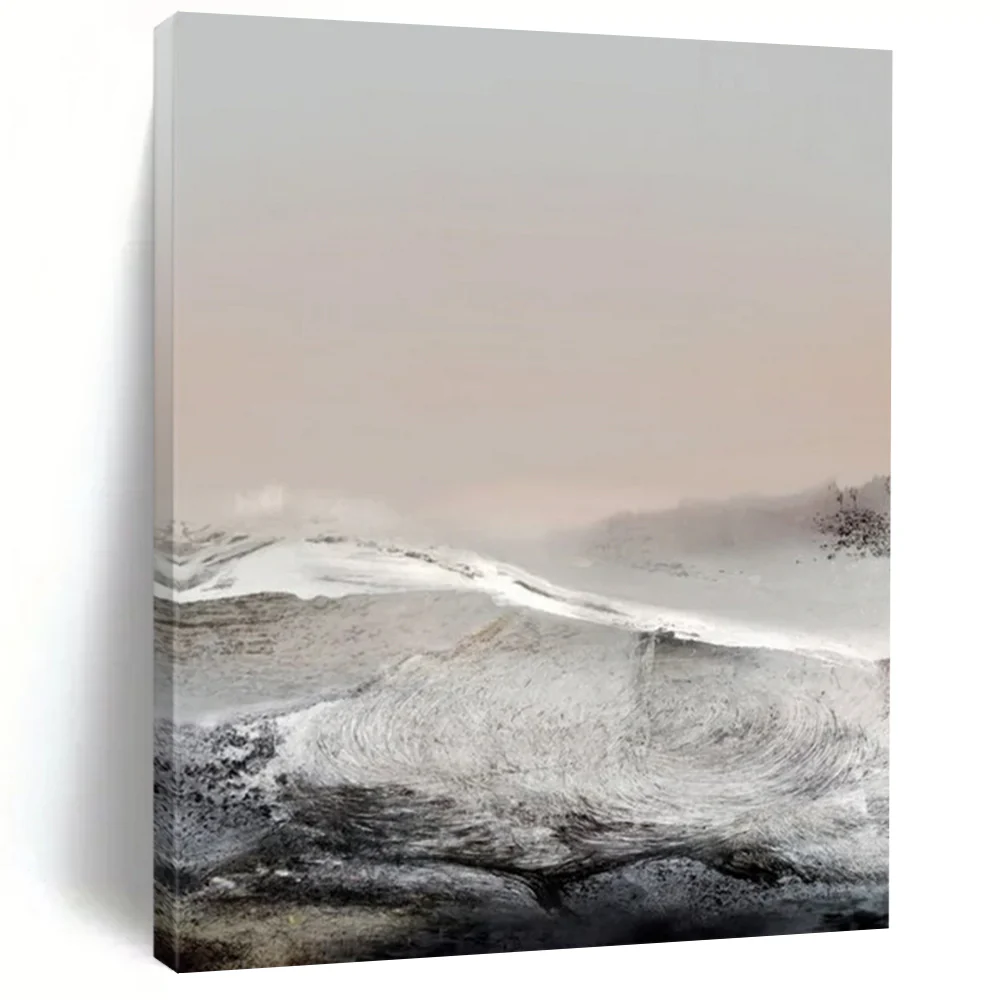 “Frosted Peaks” - Muted grays, whites, soft pinks, wintry mountain landscape xna220