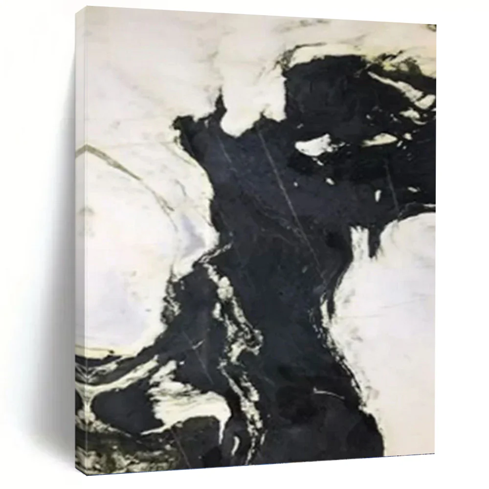 “Black - White Marble - Like Swirls” Abstract Painting on Canvas, Modern Entryway Decor sQh9494