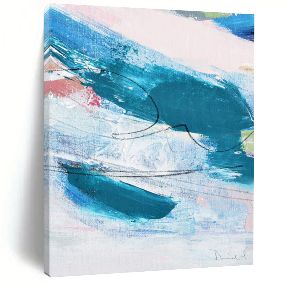 “Blue Rhythm” - Blue, white, pink with dynamic brushstrokes and black lines DSj859