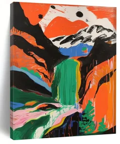 “Color - Drenched Mountain Waterfall” – Vivid Landscape Painting with Free - flowing Colors lWy034