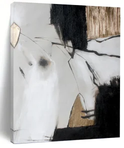 “Black - White - Gold Abstract Angles” Abstract Painting on Canvas, Sophisticated Dining Decor rTR0859