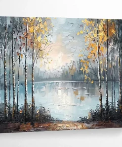 Autumn Forest “Misty Lake” Painting on Canvas, Evocative Landscape Art MuV976