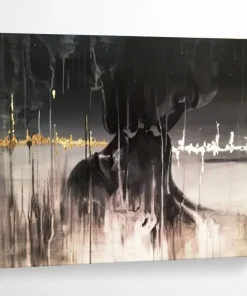 Black - Gold Abstract “Mystery Art” Painting on Canvas, Evocative Modern Art RUw030