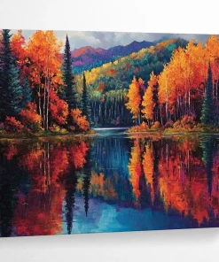 Autumn Landscape “Lake Reflections” Painting on Canvas, Vibrant Scenic Art rdL150