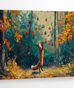 Autumn Fox in Forest Abstract Painting on Canvas - “Fall Play” JSG192
