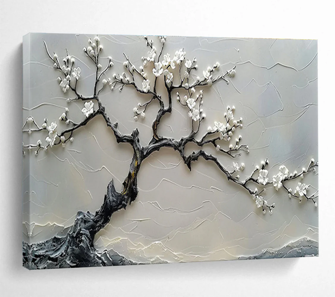 3D Textured White Blossom Tree Abstract Painting on Canvas - “Zen Tree” yTg514