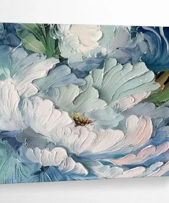 Blue and White Peony Textured Abstract Painting on Canvas - “Elegant Blooms” nBa754