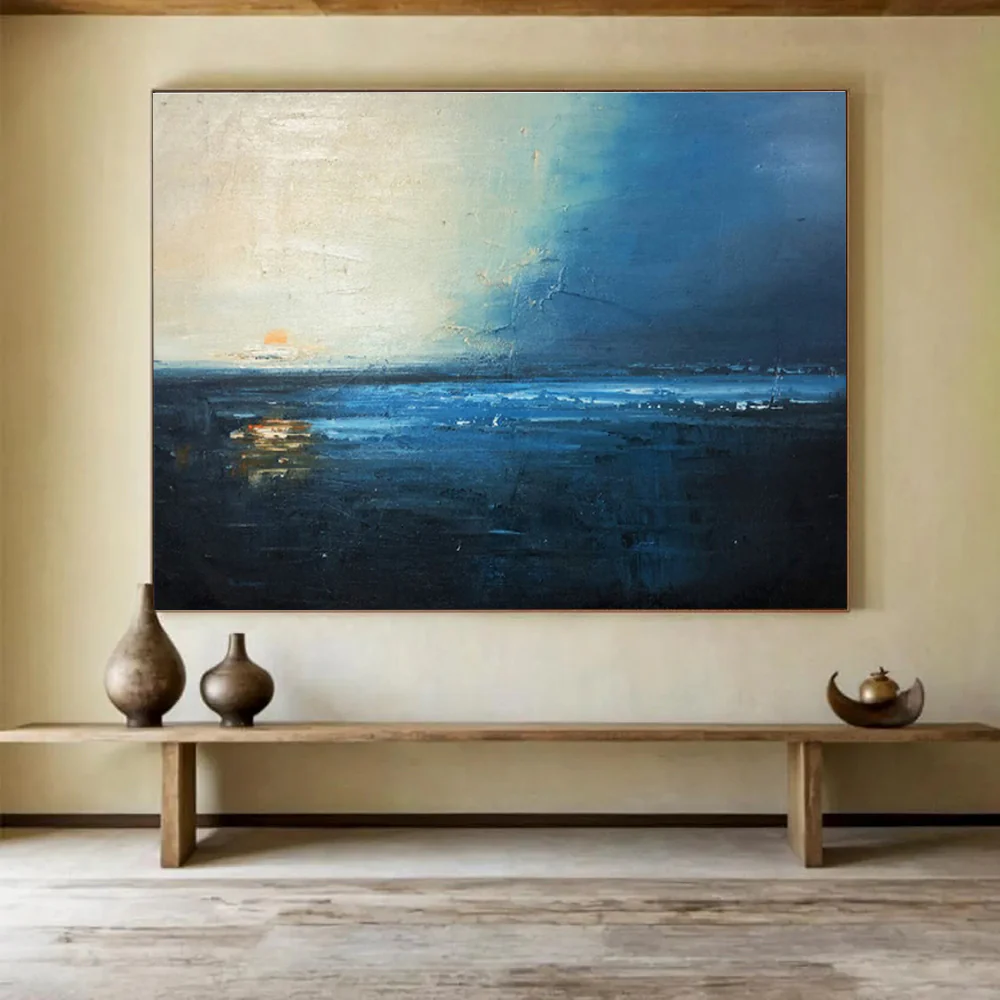 Blue - Toned Coastal Sunset Abstract Painting on Canvas - “Twilight Tide” VUV841 - Image 2