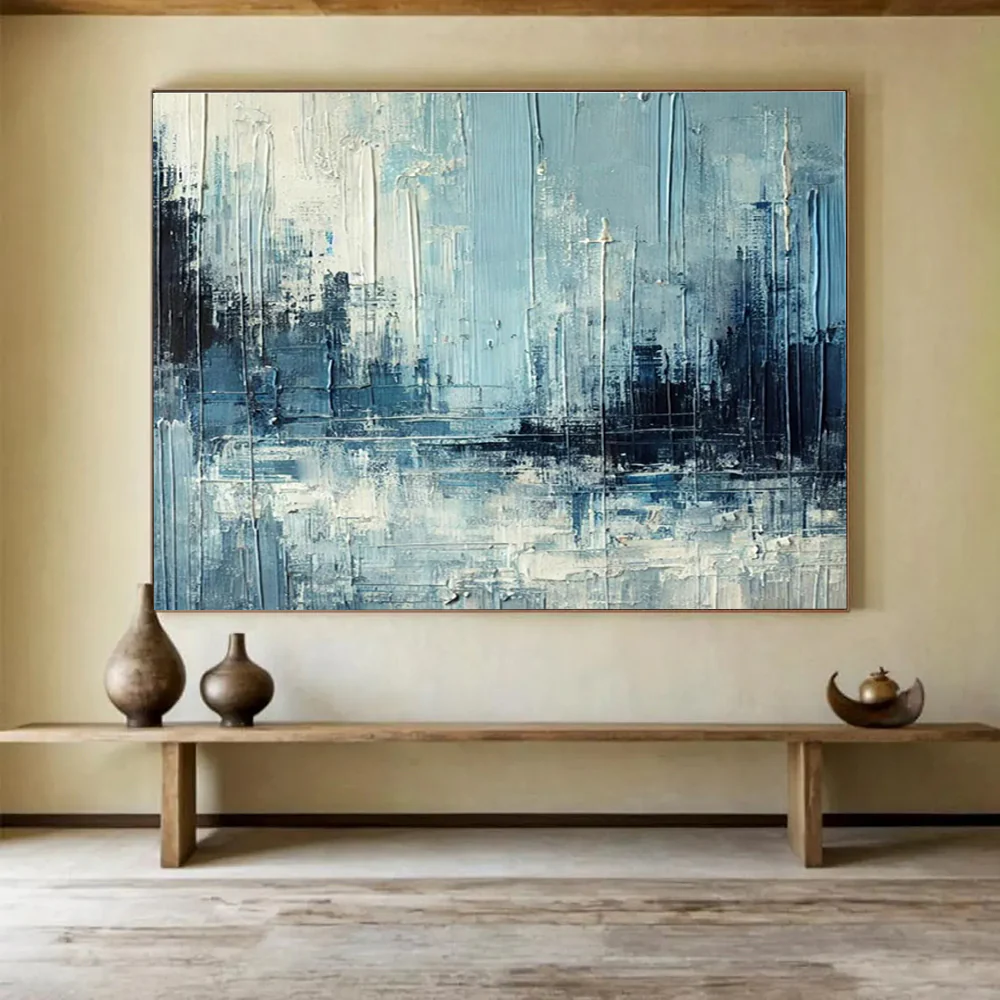 Blue - Gray Urban Abstract Painting On Canvas EZw892 - Image 2
