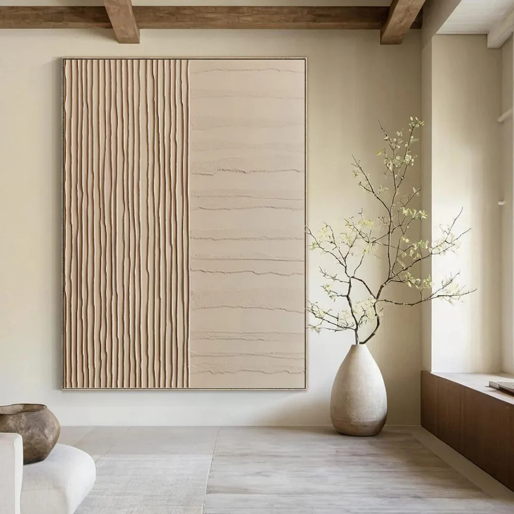 “Beige Textured Stripes” - Minimalist Abstract Art on Canvas gwJ9277 - Image 2