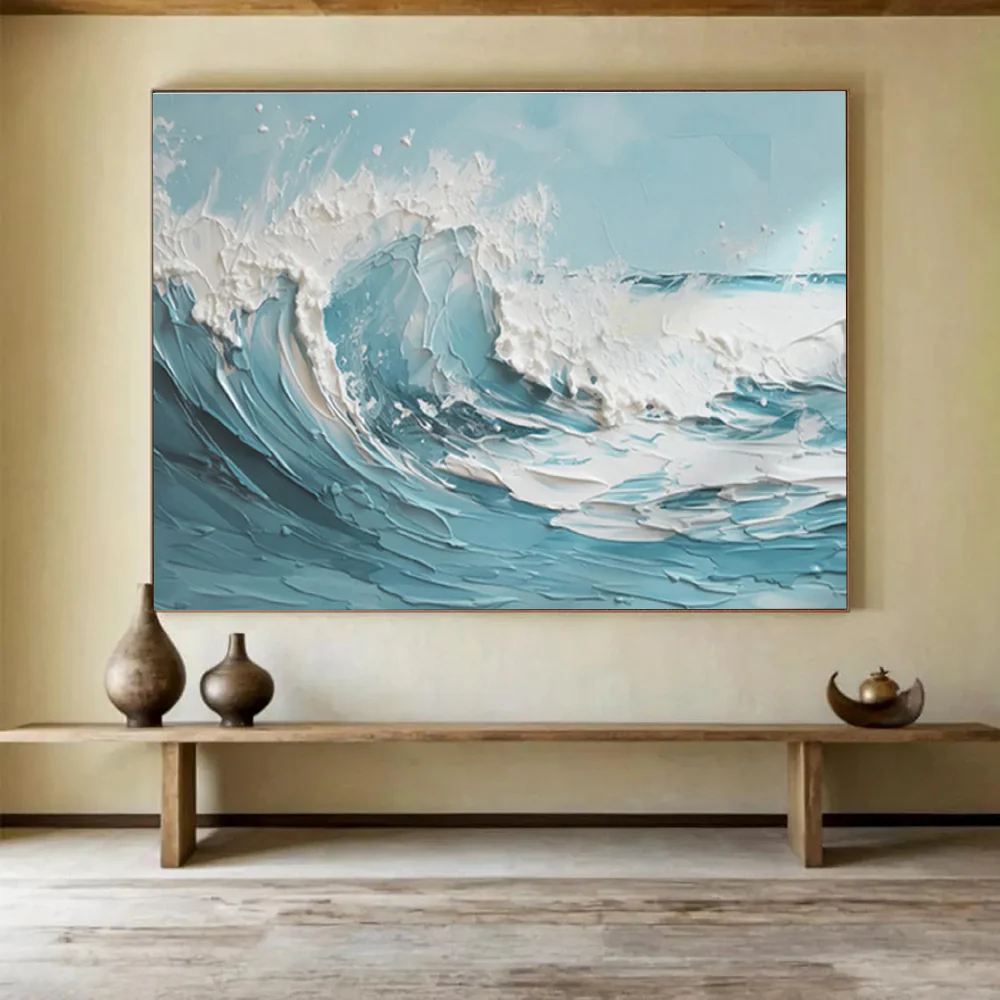 3D Textured Blue & White Wave Abstract Painting - Perfect for Coastal Bedroom & Nautical Restaurant ssz321 - Image 2