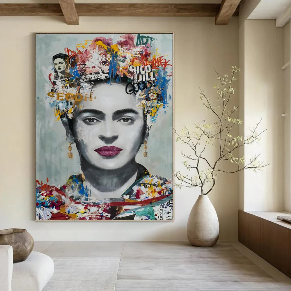 Colorful Mixed - Media Abstract Portrait, Frida - Themed Art for Bohemian Living Room & Art Gallery zfEgfTNf7240 - Image 2
