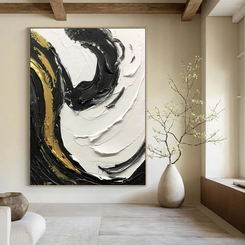 “Gilded Swirls” – Thick black, white, and gold impasto, dynamic curved strokes Dsf499 - Image 2