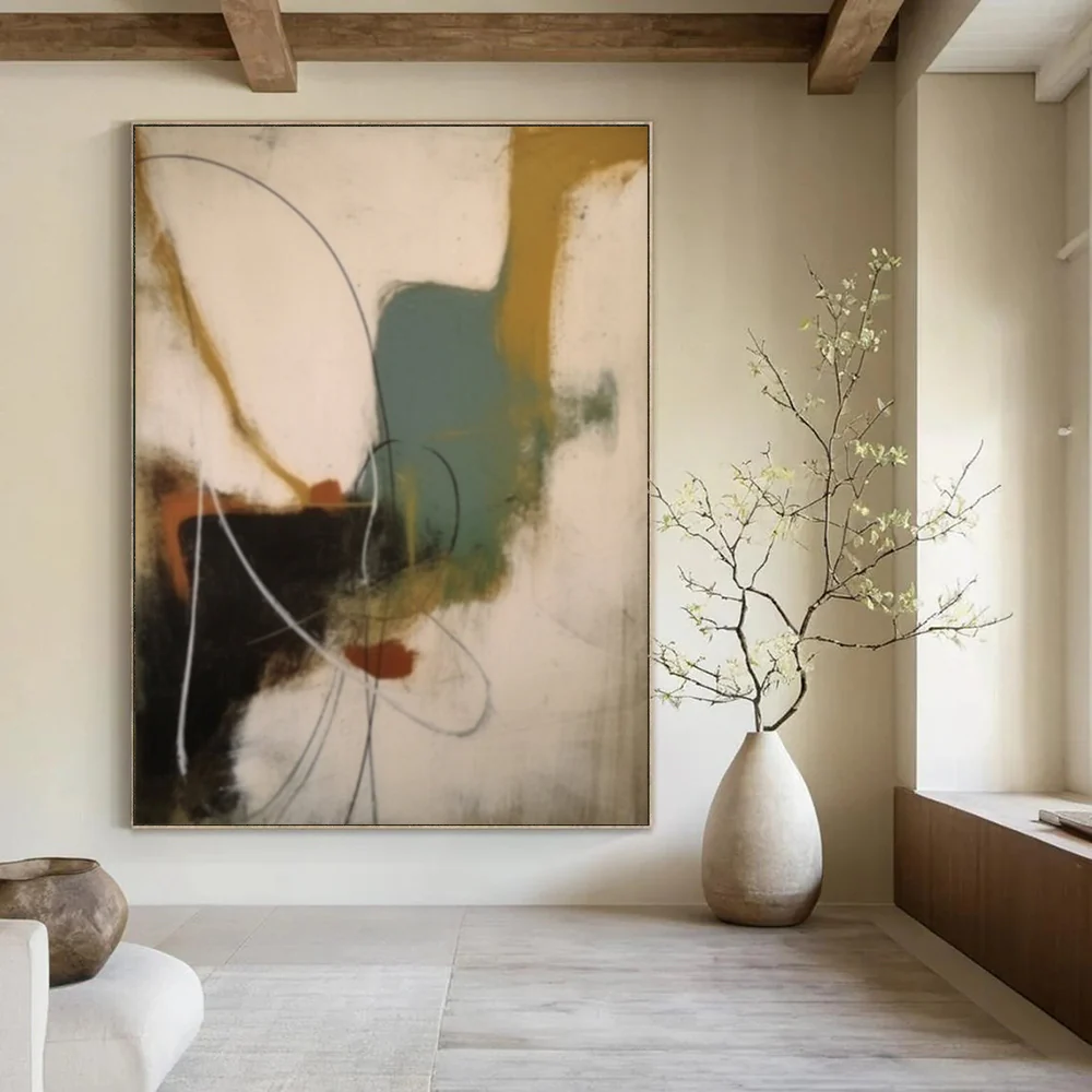 “Colorful Chaos” – Curved lines, blocks of teal, mustard, and rust on white YAA565 - Image 2