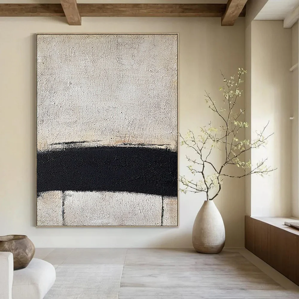 “Black Divide” – Stark black band across textured gray - white canvas jts534 - Image 2