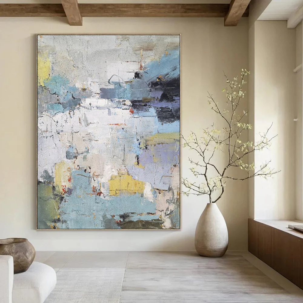 “City in Hues” – Muted blues, whites, grays with pops of yellow and red, abstract shapes Ije964 - Image 2