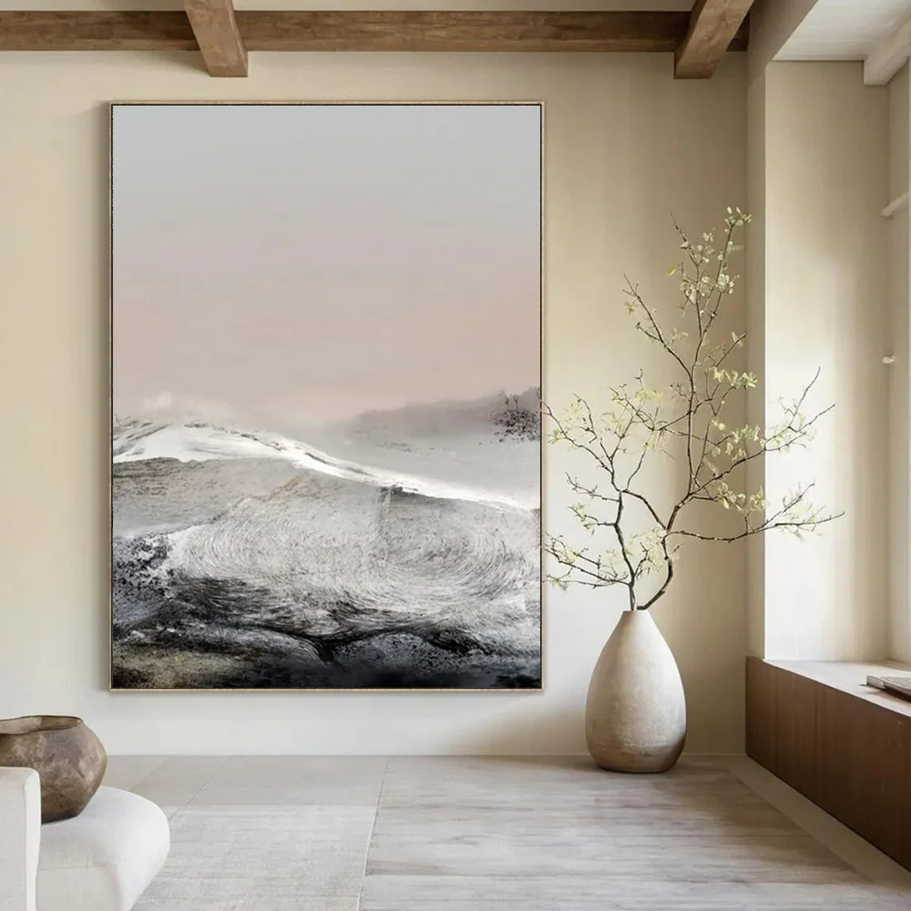 “Frosted Peaks” - Muted grays, whites, soft pinks, wintry mountain landscape xna220 - Image 2