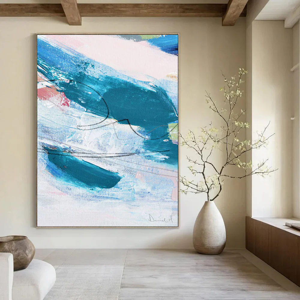 “Blue Rhythm” - Blue, white, pink with dynamic brushstrokes and black lines DSj859 - Image 2
