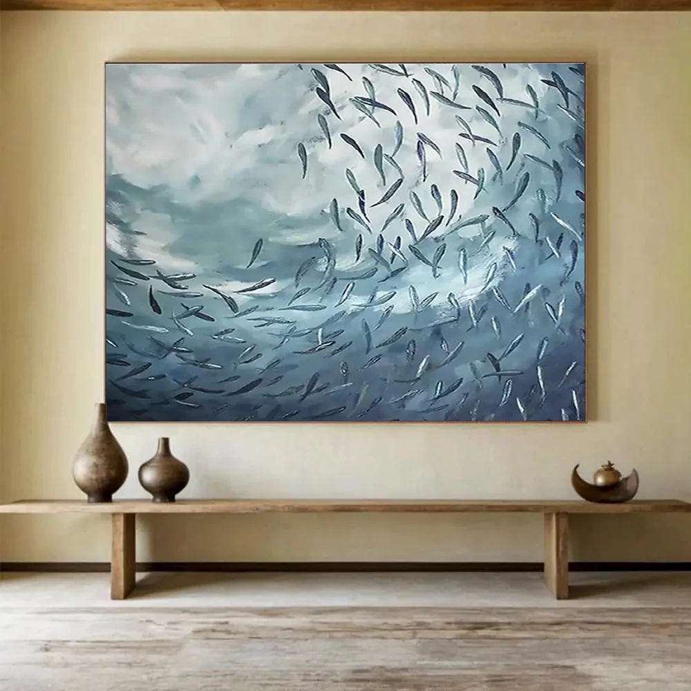 Blue - Toned Abstract “School of Fish in Motion” Painting on Canvas, Dynamic Wall Art CCc036 - Image 2