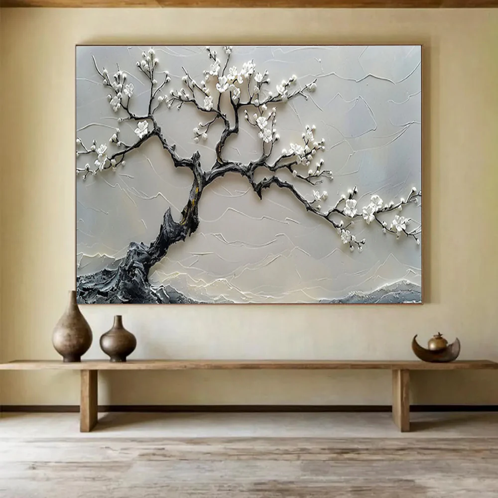 3D Textured White Blossom Tree Abstract Painting on Canvas - “Zen Tree” yTg514 - Image 2