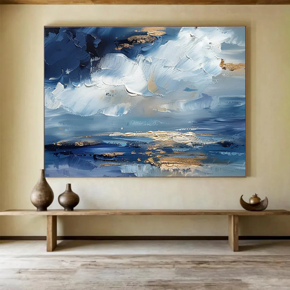 Blue and Gold Sky Abstract Painting on Canvas - “Heavenly Hues” mHu695 - Image 2