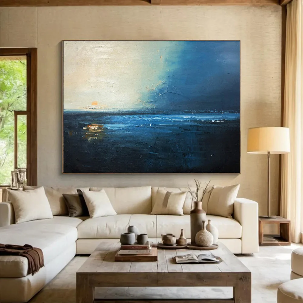 Blue - Toned Coastal Sunset Abstract Painting on Canvas - “Twilight Tide” VUV841 - Image 3