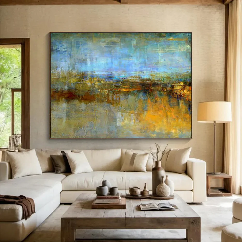 Blue - Toned Abstract Landscape Painting On Canvas uJl626 - Image 3