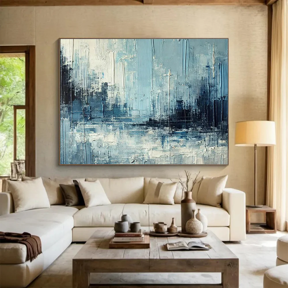 Blue - Gray Urban Abstract Painting On Canvas EZw892 - Image 3