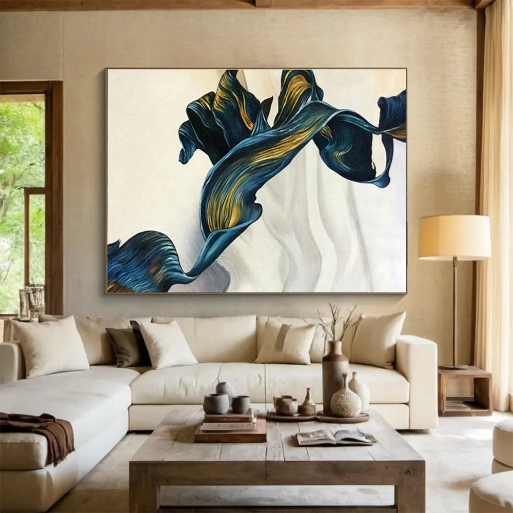 Blue - Gold Flowing Shapes Abstract Art for Elegant Dining Room & Modern Bedroom DHT821 - Image 3