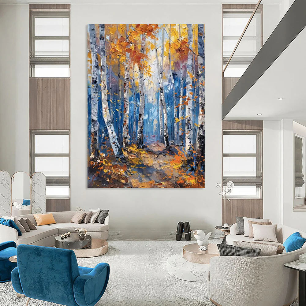 “Autumn Birch Forest” - Golden, Blue, and White Landscape Art on Canvas Icn8952 - Image 3