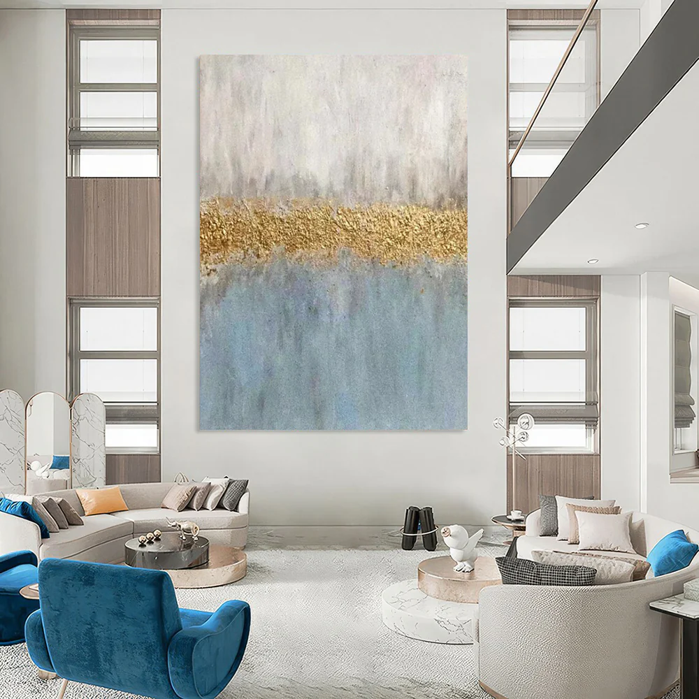 Blue & Gold Abstract Striped Art, Ideal for Serene Bedroom & Sophisticated Office clDCpxEa8906 - Image 3