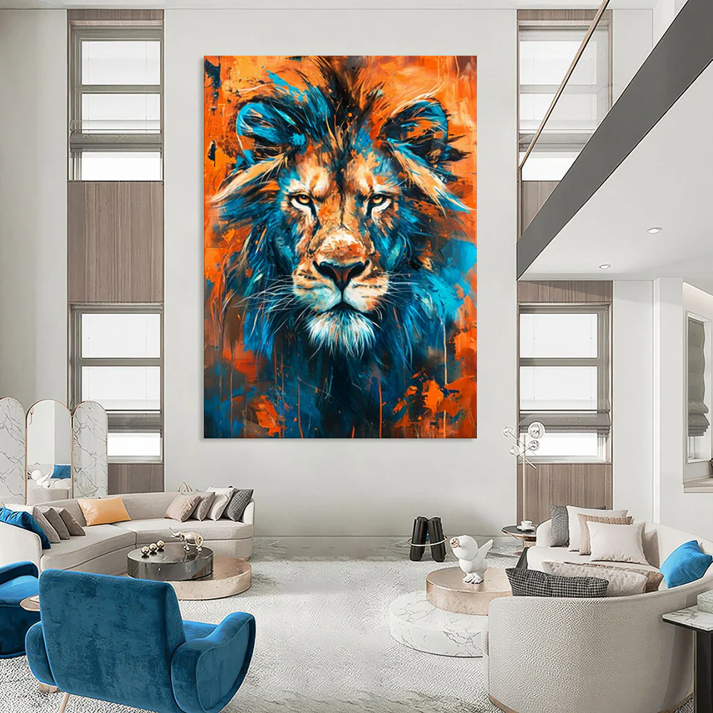 Bold Abstract Lion Art, Blue - and - Orange Toned Painting for Masculine Office & Wildlife - Themed Man Cave zLmynJVP9568 - Image 3