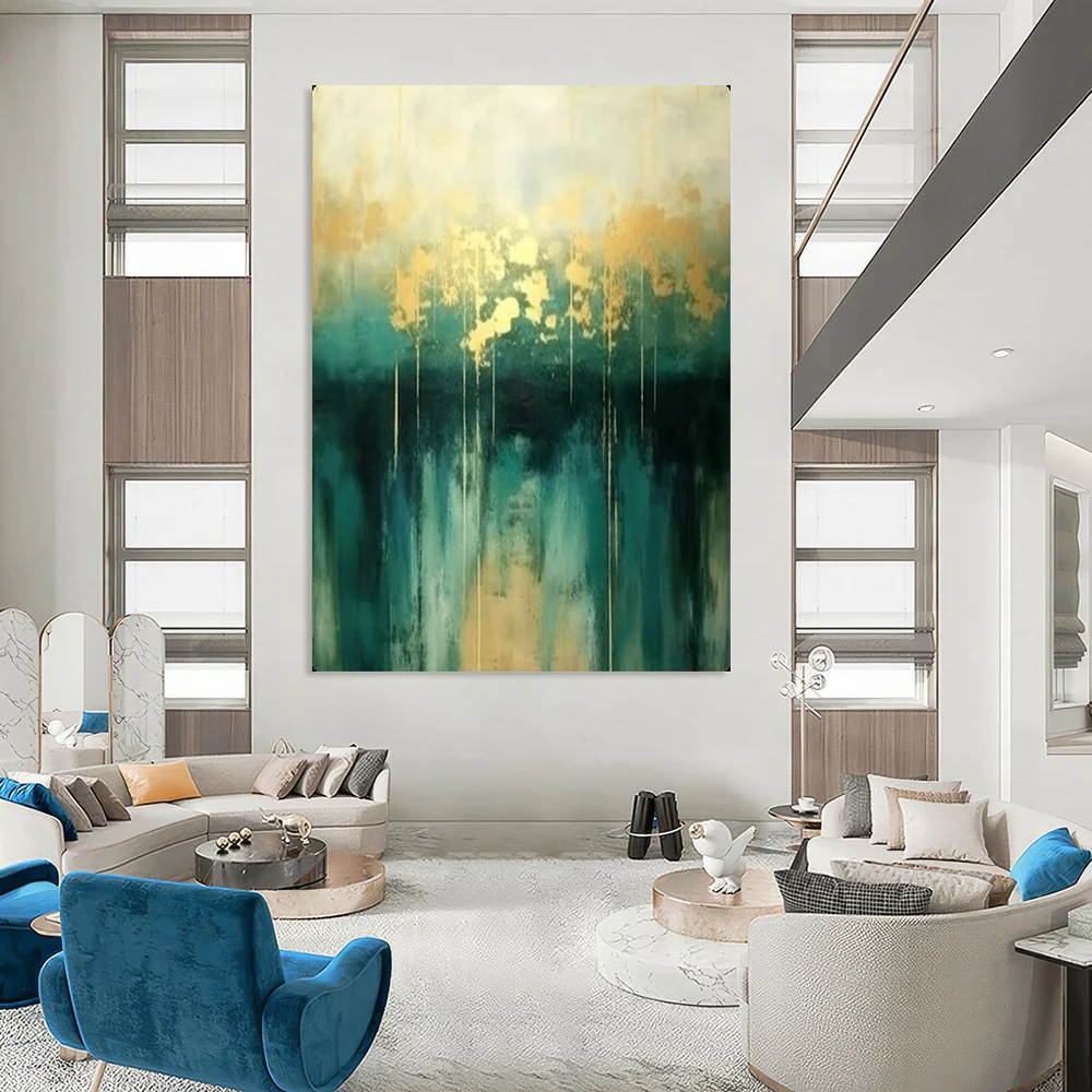 Abstract Painting, Teal & Gold, Elegant Art for Dining Room & Office oLiyHHoD8558 - Image 3