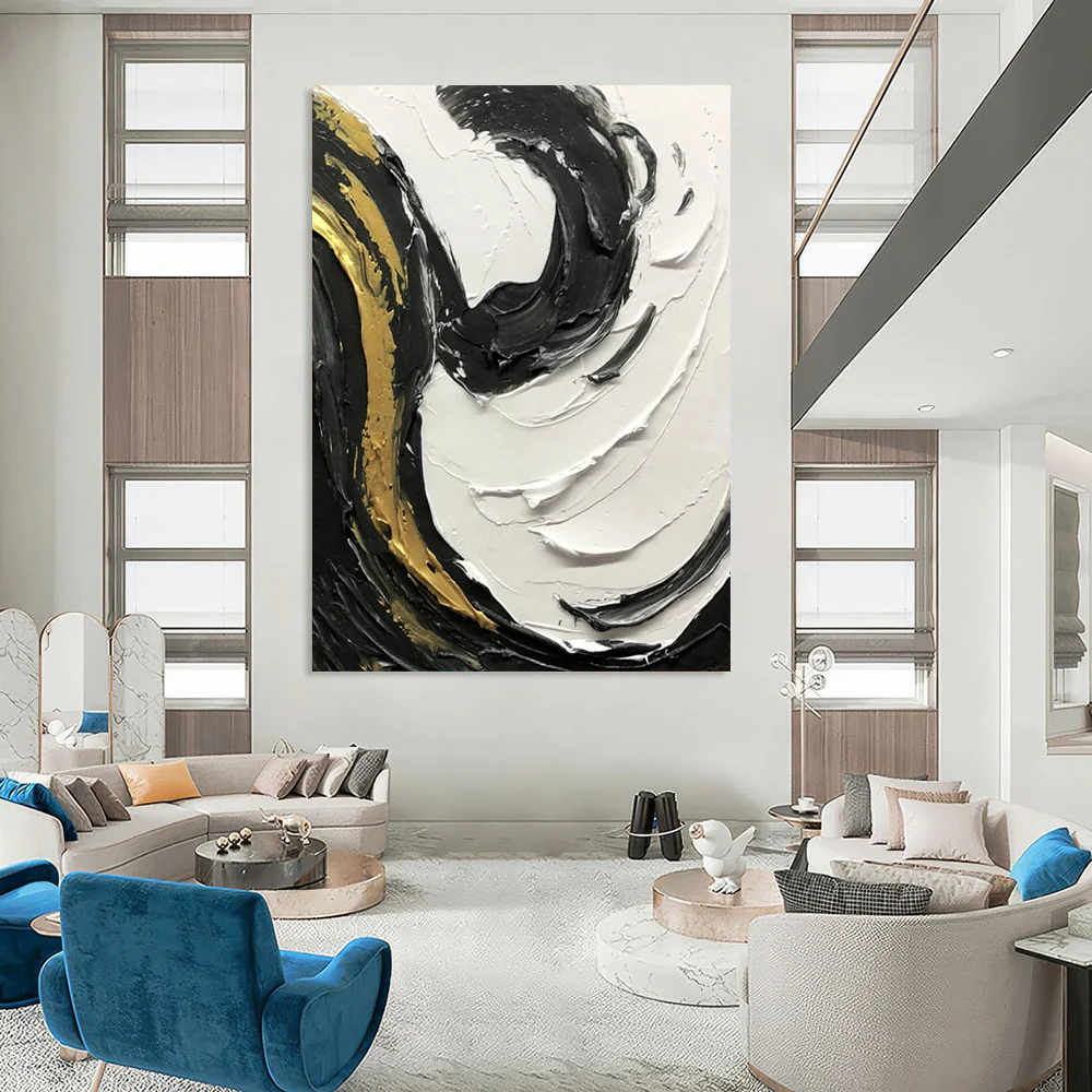 “Gilded Swirls” – Thick black, white, and gold impasto, dynamic curved strokes Dsf499 - Image 3