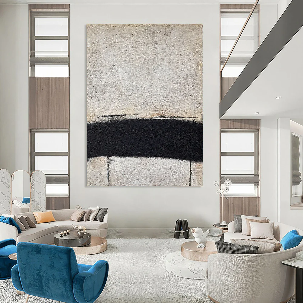 “Black Divide” – Stark black band across textured gray - white canvas jts534 - Image 3