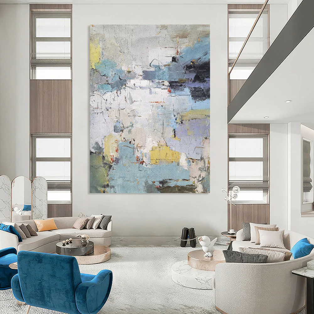 “City in Hues” – Muted blues, whites, grays with pops of yellow and red, abstract shapes Ije964 - Image 3