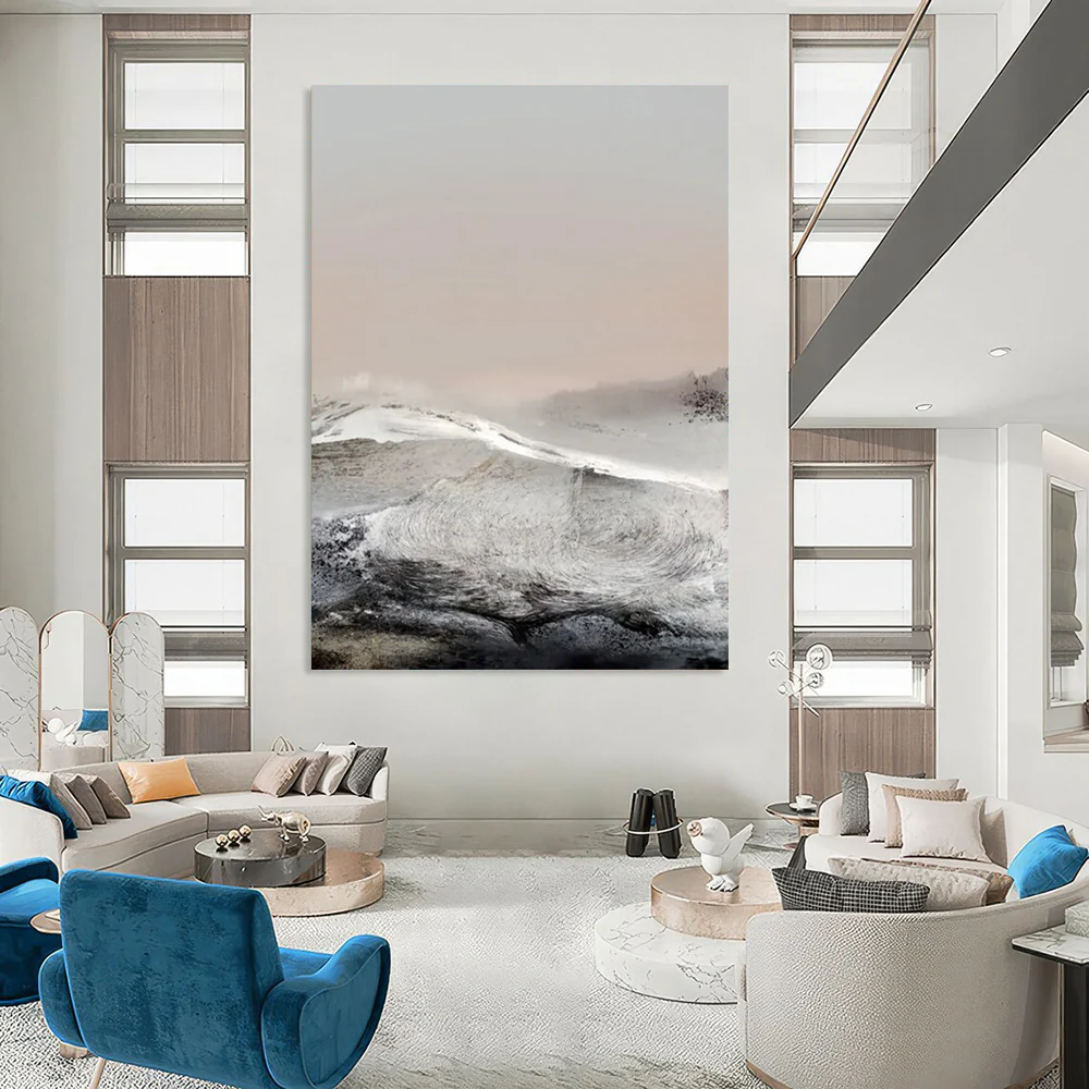 “Frosted Peaks” - Muted grays, whites, soft pinks, wintry mountain landscape xna220 - Image 3