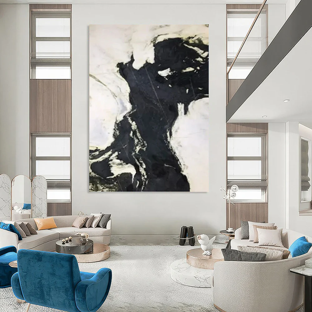 “Black - White Marble - Like Swirls” Abstract Painting on Canvas, Modern Entryway Decor sQh9494 - Image 3