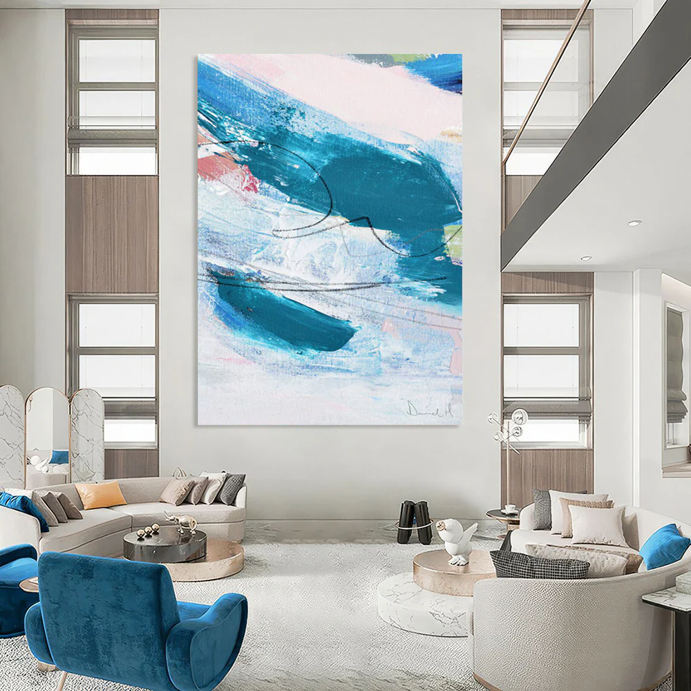 “Blue Rhythm” - Blue, white, pink with dynamic brushstrokes and black lines DSj859 - Image 3