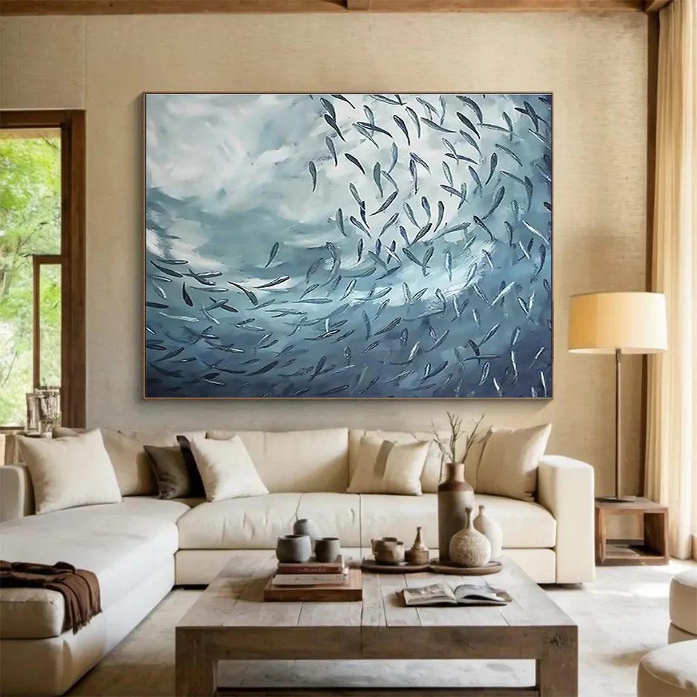 Blue - Toned Abstract “School of Fish in Motion” Painting on Canvas, Dynamic Wall Art CCc036 - Image 3