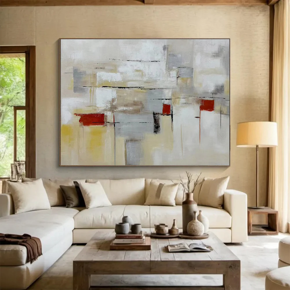 Abstract Geometric Painting on Canvas - “Neutral Tones and Red Accents” prO564 - Image 3